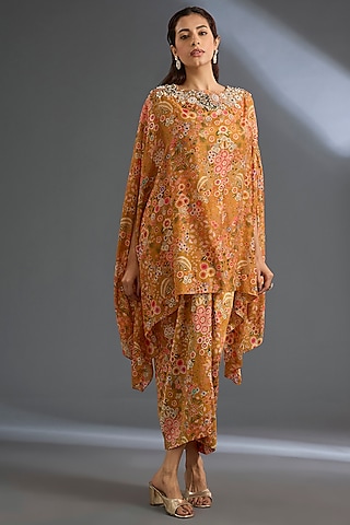 Yellow Fine Silk Printed Cape Set by Ridhi Mehra