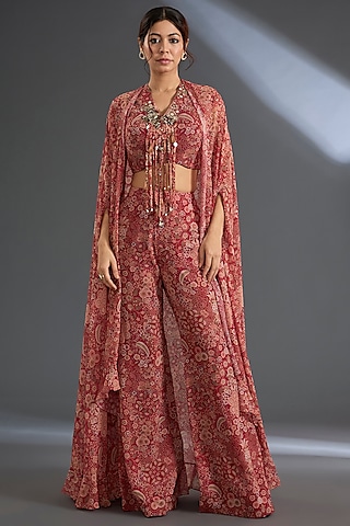 Red Georgette Printed Pant Set by Ridhi Mehra