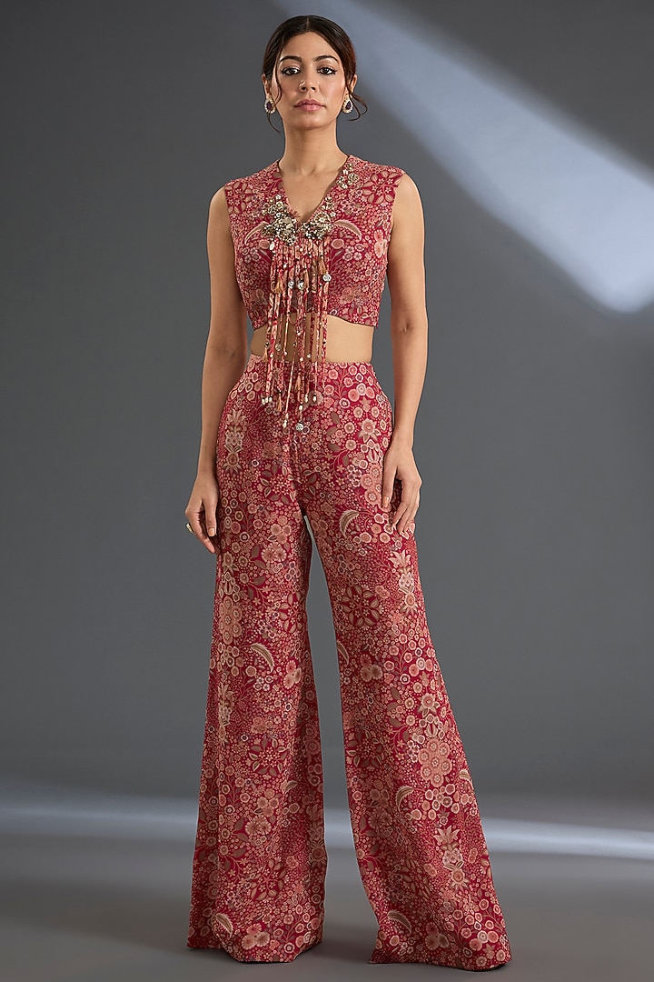 Red Georgette Printed Pant Set by Ridhi Mehra at Pernia's Pop Up Shop