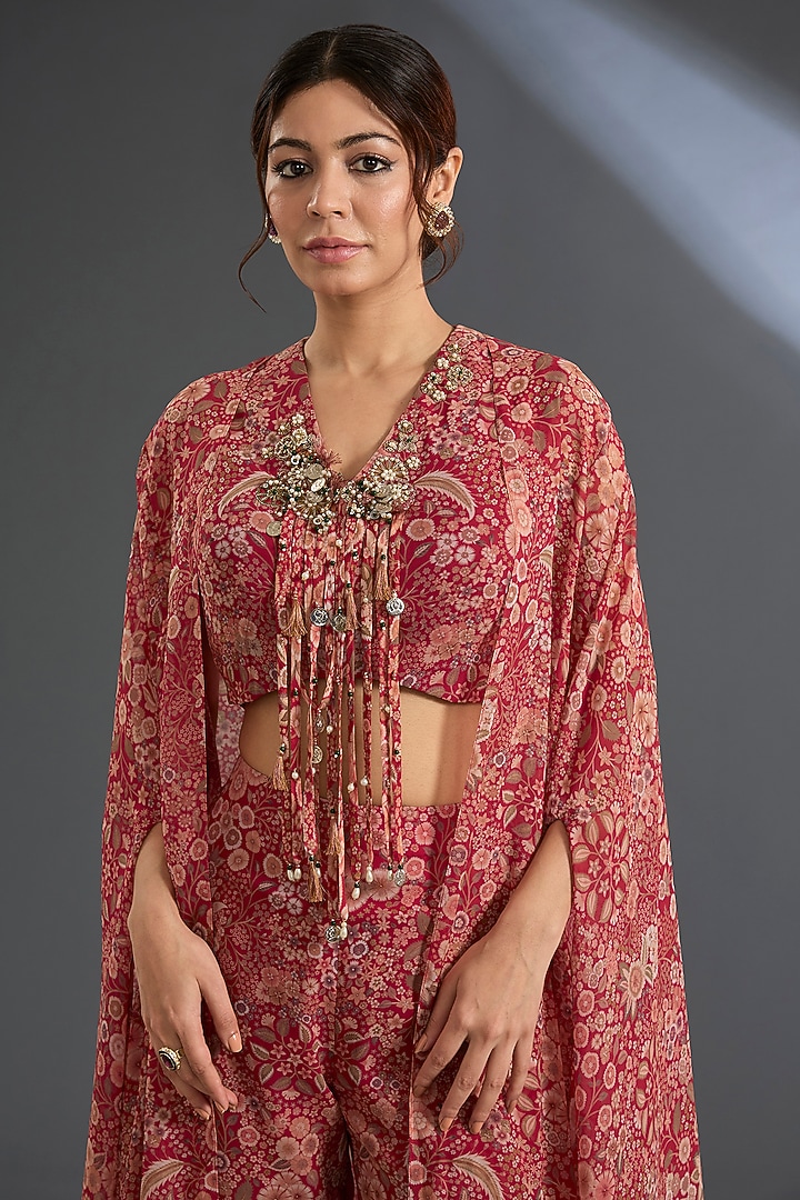 Red Georgette Printed Pant Set by Ridhi Mehra at Pernia's Pop Up Shop