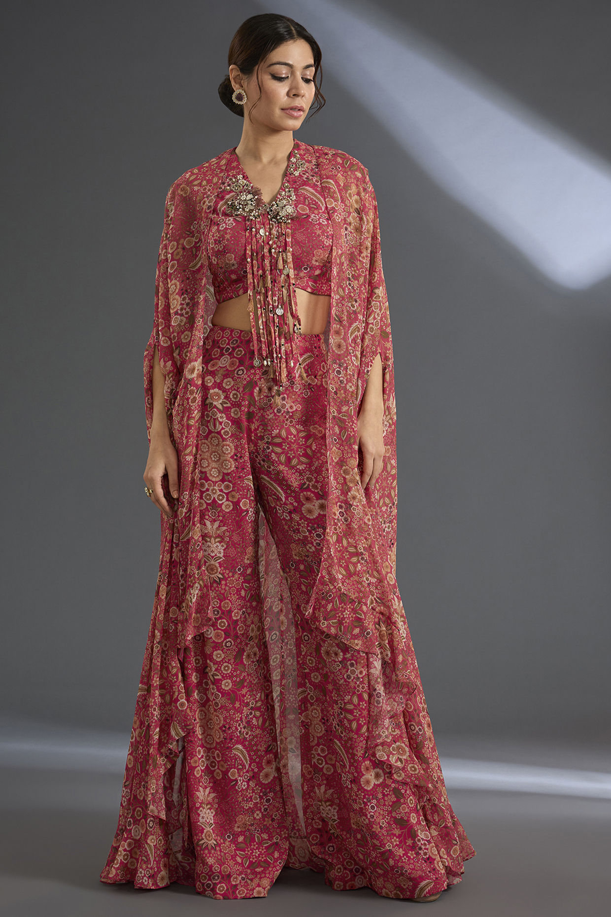 Fuschia Georgette Printed Pant Set by Ridhi Mehra at Pernia's Pop Up Shop