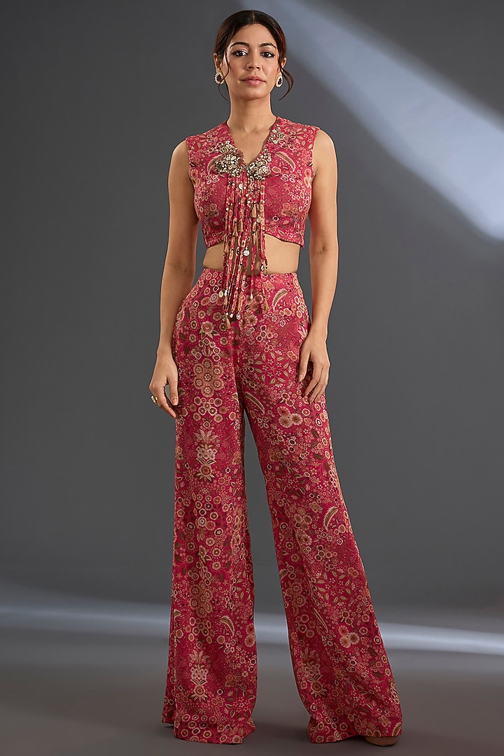 Fuschia Georgette Printed Pant Set by Ridhi Mehra at Pernia's Pop Up Shop