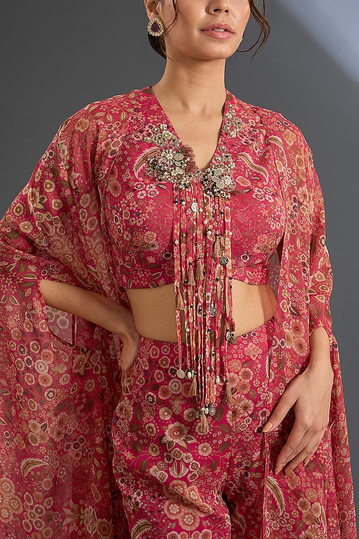 Fuschia Georgette Printed Pant Set by Ridhi Mehra at Pernia's Pop Up Shop