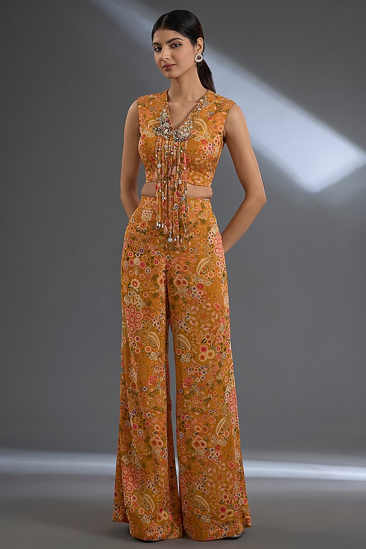 Yellow Georgette Printed Pant Set by Ridhi Mehra at Pernia's Pop Up Shop