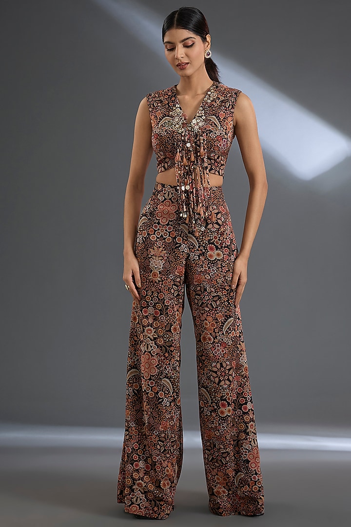 Black Georgette Printed Pant Set by Ridhi Mehra at Pernia's Pop Up Shop