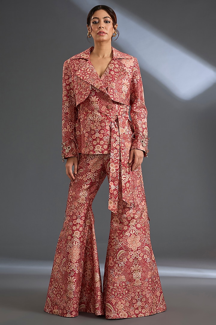 Red Raw Silk Printed Pant Set by Ridhi Mehra at Pernia's Pop Up Shop