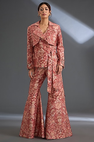 Red Raw Silk Printed Pant Set by Ridhi Mehra