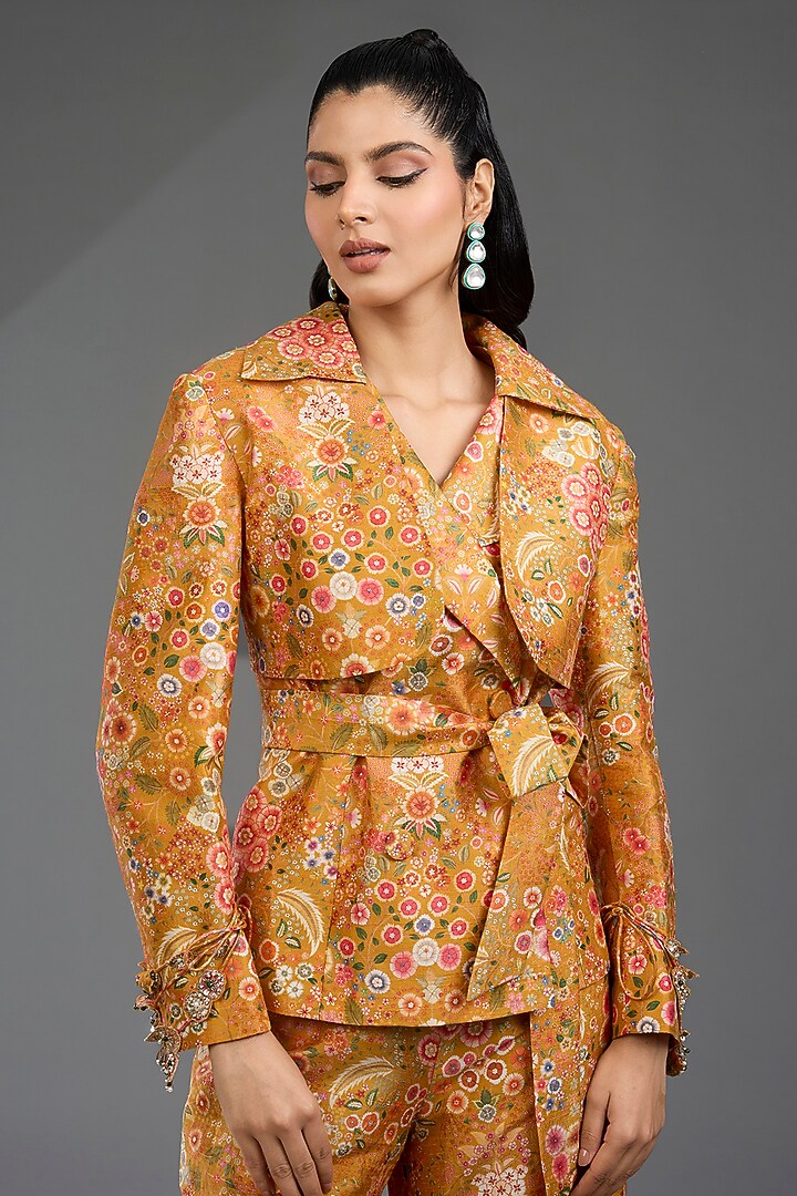 Yellow Raw Silk Printed Jacket Set by Ridhi Mehra at Pernia's Pop Up Shop