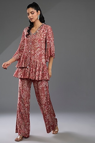 Red Cotton Satin Printed Flared Pant Set by Ridhi Mehra
