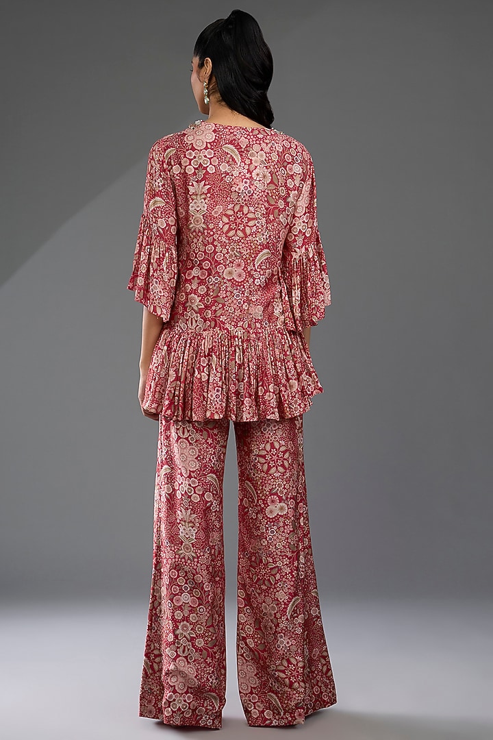 Red Cotton Satin Printed Flared Pant Set by Ridhi Mehra at Pernia's Pop Up Shop