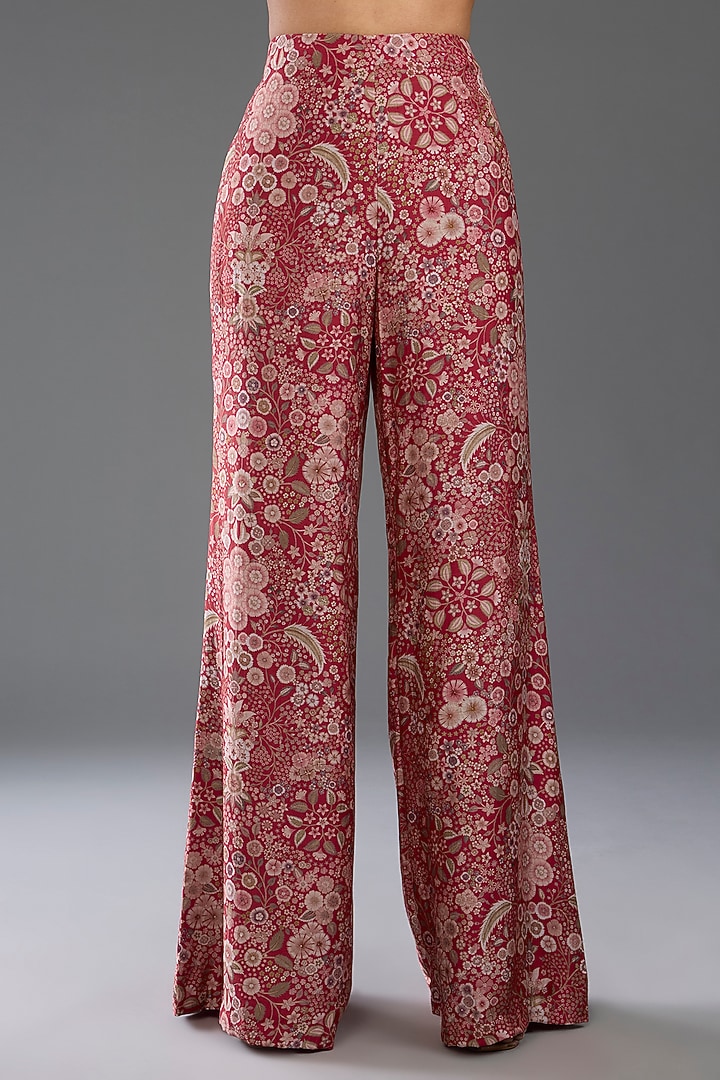 Red Cotton Satin Printed Flared Pant Set by Ridhi Mehra at Pernia's Pop Up Shop