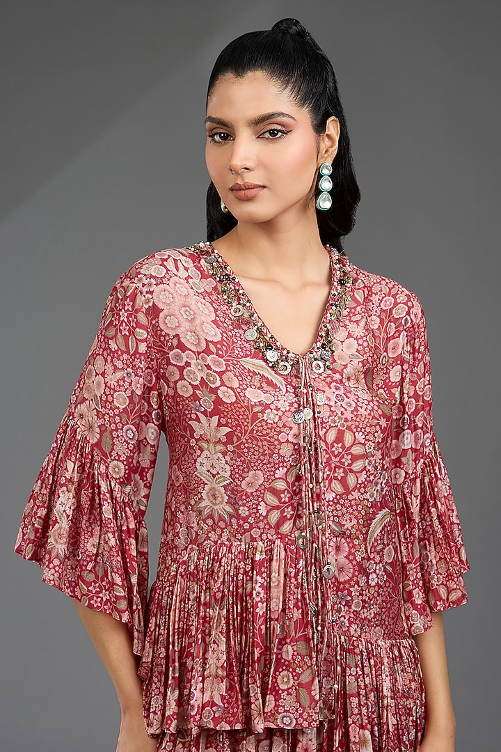 Red Cotton Satin Printed Flared Pant Set by Ridhi Mehra at Pernia's Pop Up Shop