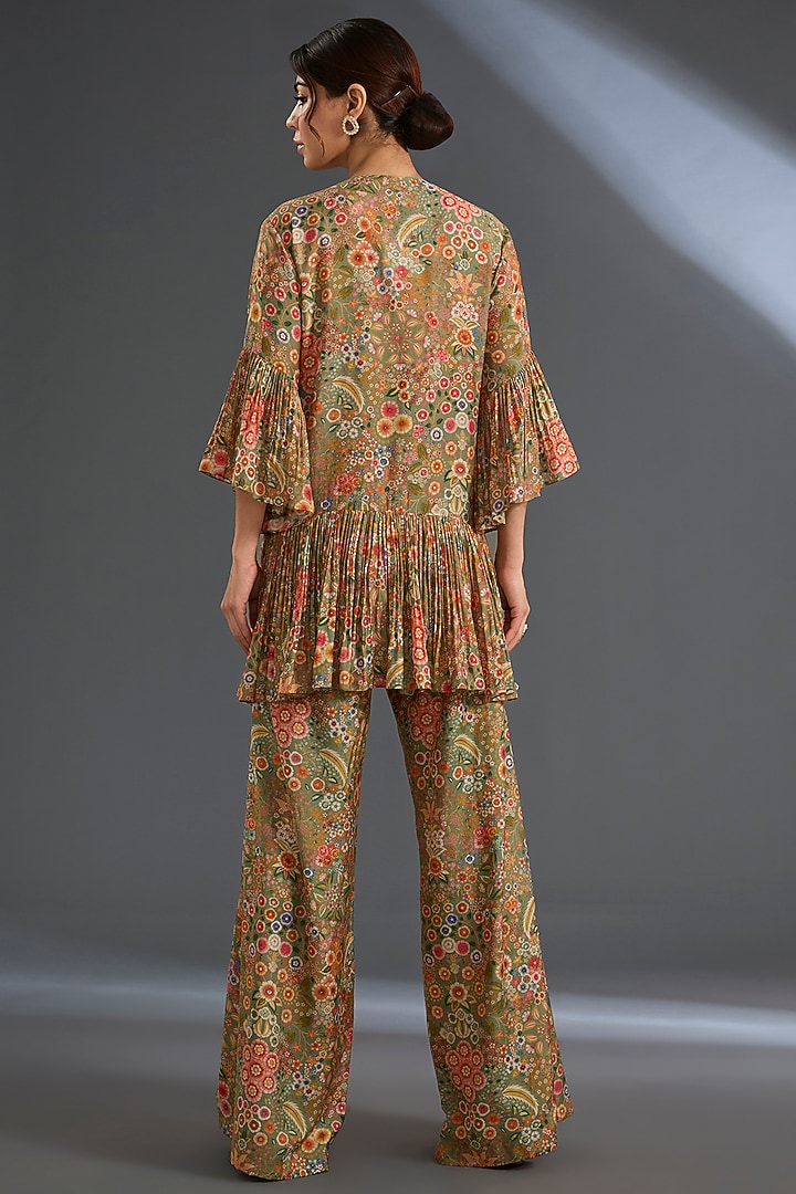 Olive Green Cotton Satin Printed Flared Pant Set by Ridhi Mehra at Pernia's Pop Up Shop