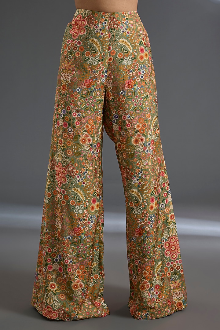 Olive Green Cotton Satin Printed Flared Pant Set by Ridhi Mehra at Pernia's Pop Up Shop