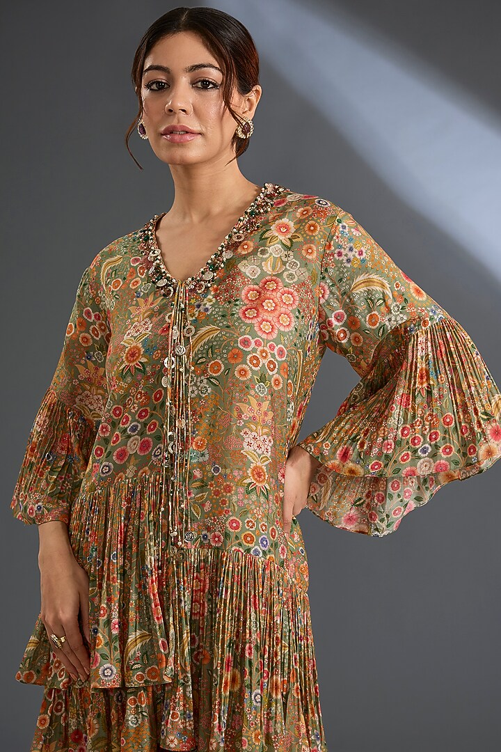 Olive Green Cotton Satin Printed Flared Pant Set by Ridhi Mehra at Pernia's Pop Up Shop