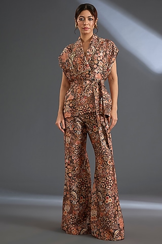 Black Raw Silk Printed Pant Set by Ridhi Mehra