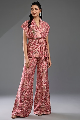 Red Raw Silk Printed Jacket Set by Ridhi Mehra