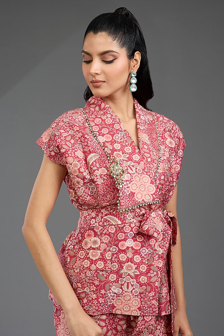 Red Raw Silk Printed Jacket Set by Ridhi Mehra at Pernia's Pop Up Shop