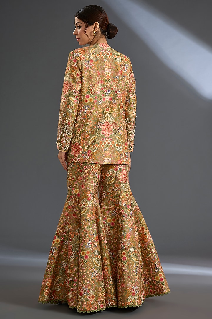Olive Green Raw Silk Printed Jacket Set by Ridhi Mehra at Pernia's Pop Up Shop