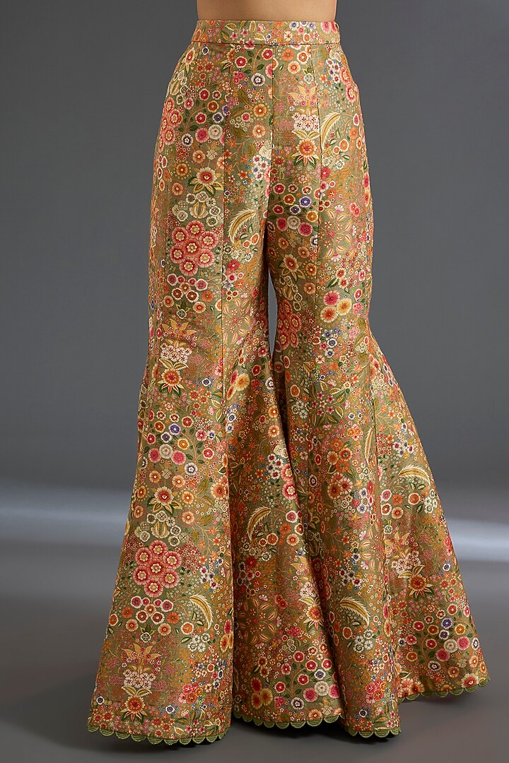Olive Green Raw Silk Printed Jacket Set by Ridhi Mehra at Pernia's Pop Up Shop