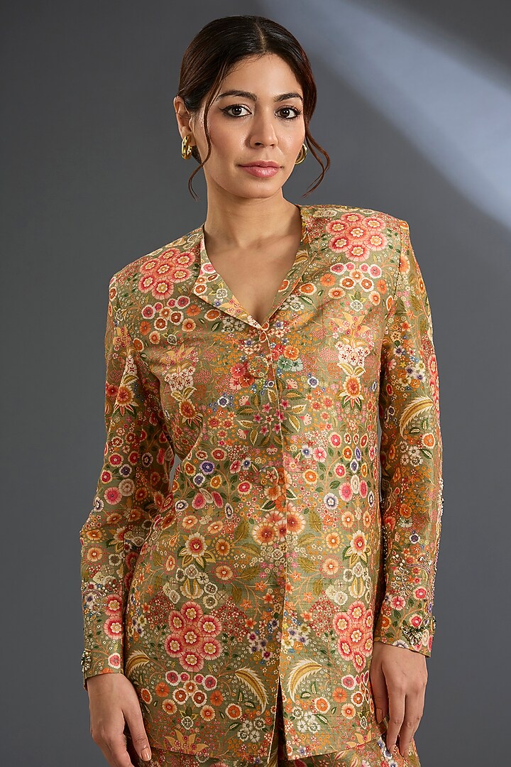 Olive Green Raw Silk Printed Jacket Set by Ridhi Mehra at Pernia's Pop Up Shop