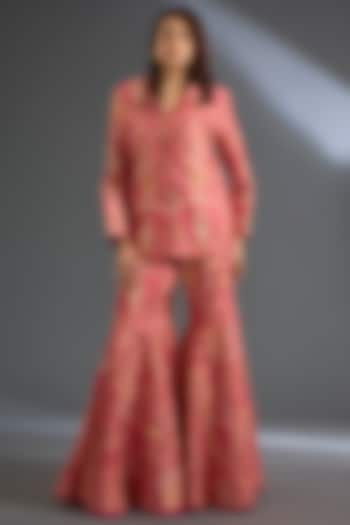 Fuschia Raw Silk Printed Jacket Set by Ridhi Mehra at Pernia's Pop Up Shop