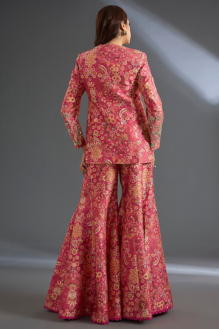 Fuchsia Raw Silk Printed Jacket Set by Ridhi Mehra at Pernia's Pop Up Shop