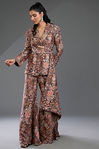 Red Raw Silk Printed Jacket Set by Ridhi Mehra