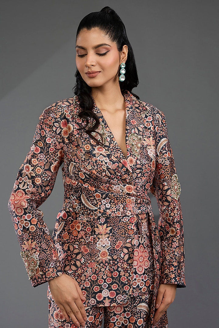 Red Raw Silk Printed Jacket Set by Ridhi Mehra at Pernia's Pop Up Shop