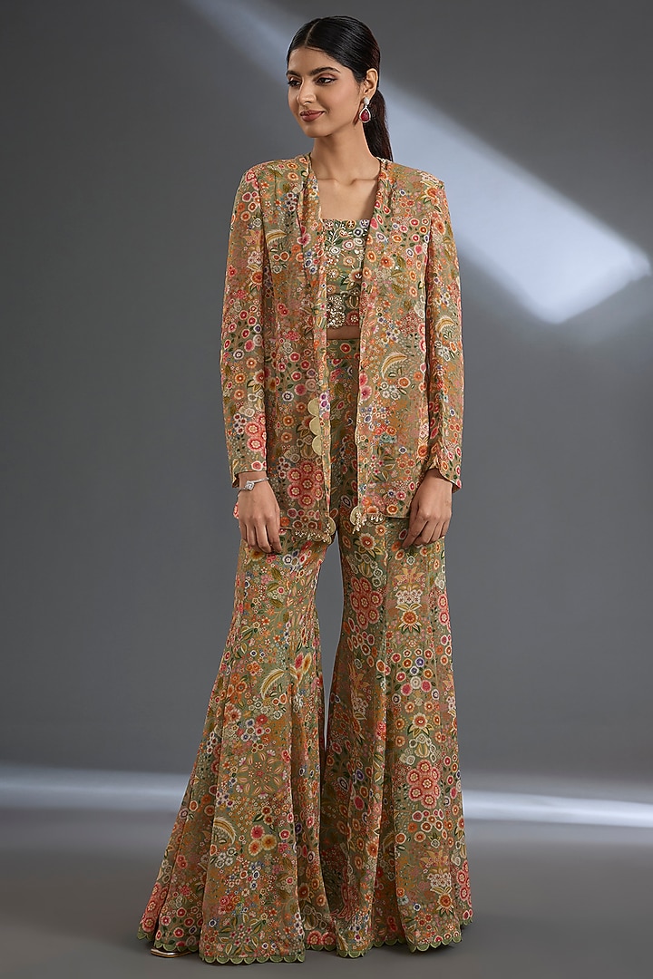 Olive Green Georgette Printed Pant Set by Ridhi Mehra at Pernia's Pop Up Shop