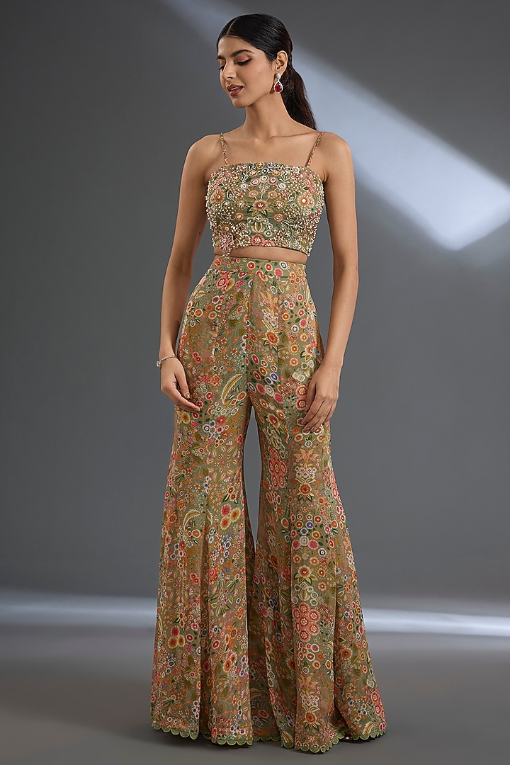 Olive Green Georgette Printed Pant Set by Ridhi Mehra at Pernia's Pop Up Shop
