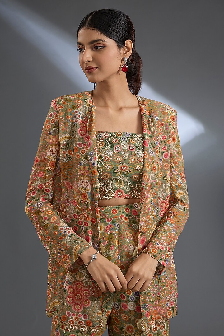 Olive Green Georgette Printed Pant Set by Ridhi Mehra at Pernia's Pop Up Shop