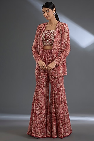 Red Georgette Printed Pant Set by Ridhi Mehra