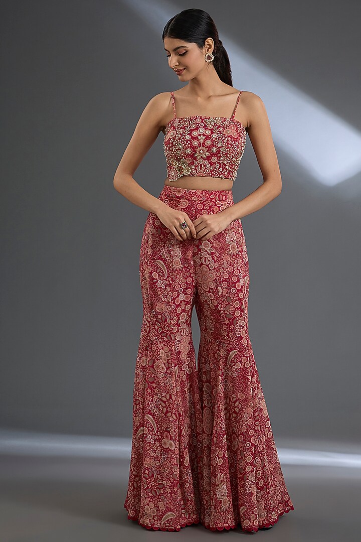 Red Georgette Printed Pant Set by Ridhi Mehra at Pernia's Pop Up Shop