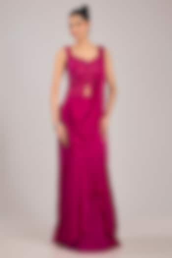 Fuchsia Georgette Draped Reception Saree Set by Ridhi Mehra at Pernia's Pop Up Shop