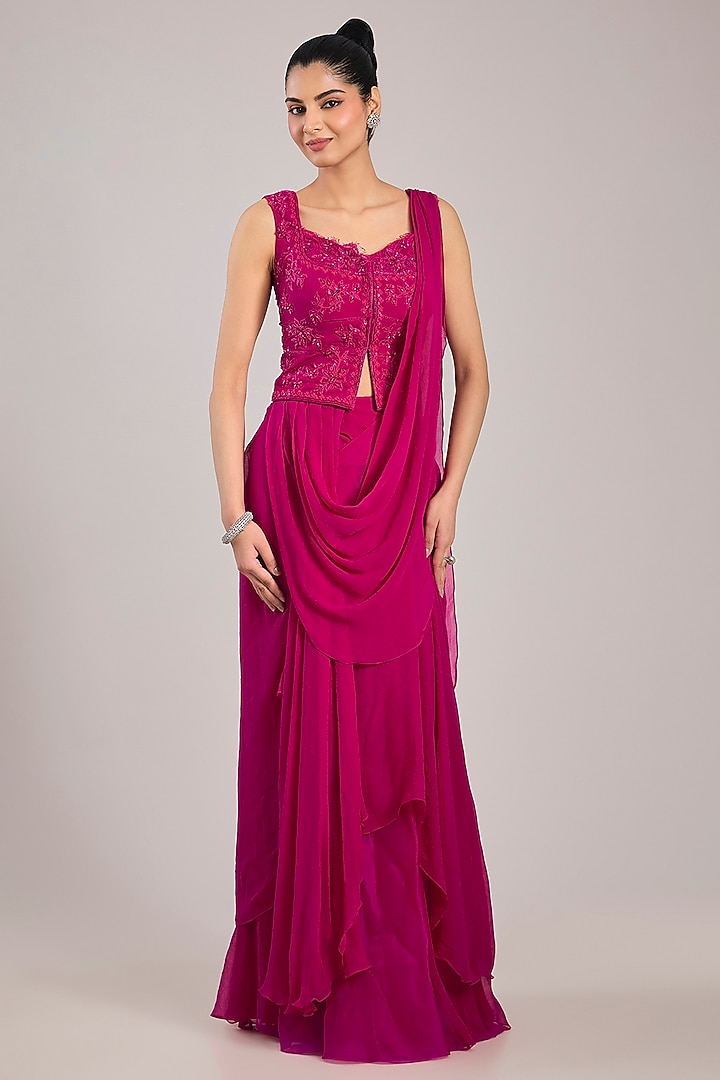 Fuchsia Georgette Draped Reception Saree Set by Ridhi Mehra at Pernia's Pop Up Shop