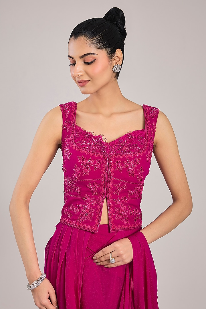 Fuchsia Georgette Draped Reception Saree Set by Ridhi Mehra at Pernia's Pop Up Shop