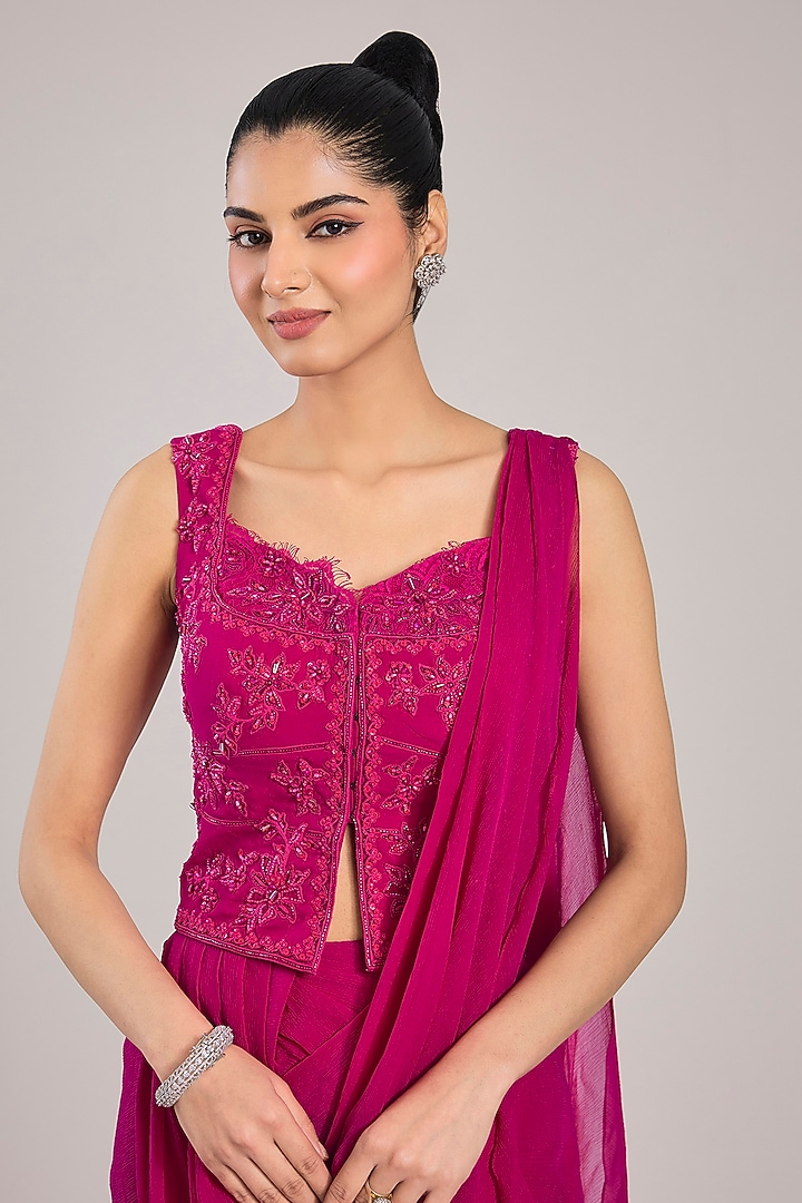 Fuchsia Georgette Draped Reception Saree Set by Ridhi Mehra at Pernia's Pop Up Shop