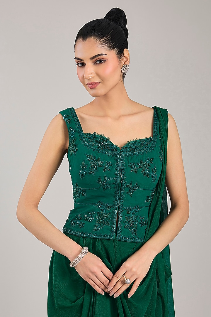 Emerald Green Georgette Draped Reception Saree Set by Ridhi Mehra at Pernia's Pop Up Shop