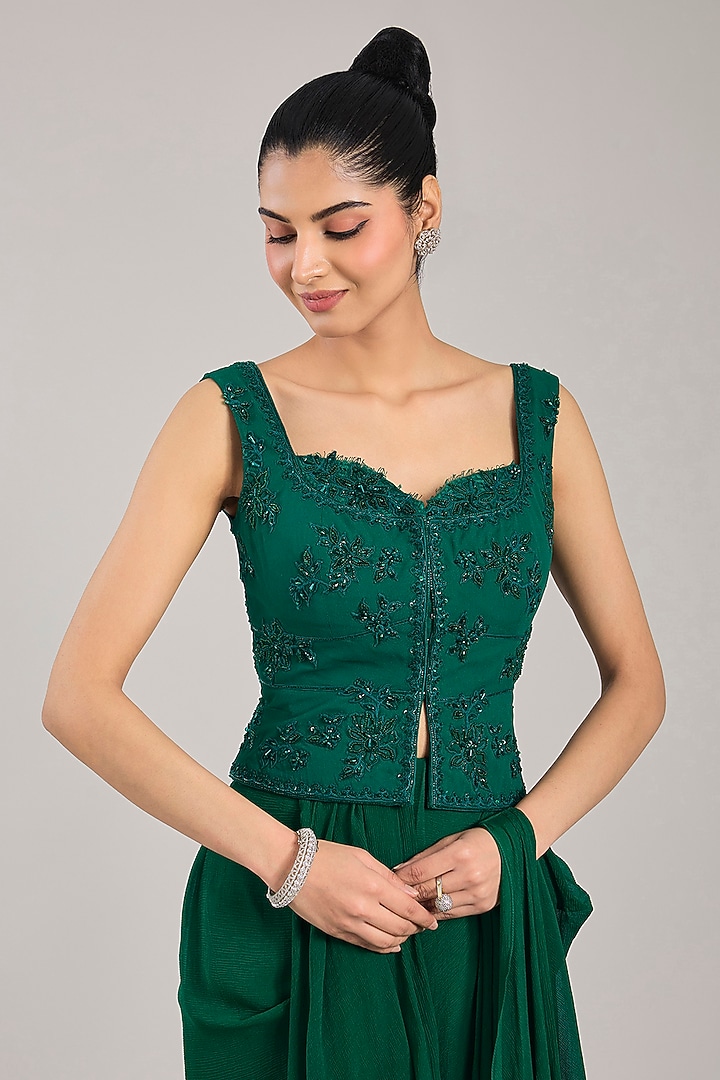 Emerald Green Georgette Draped Reception Saree Set by Ridhi Mehra at Pernia's Pop Up Shop