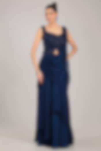 Navy Blue Georgette Draped Reception Saree Set by Ridhi Mehra at Pernia's Pop Up Shop