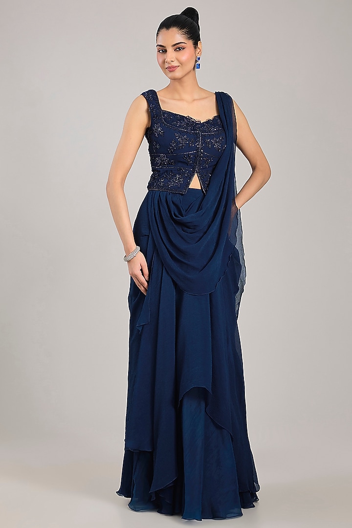 Navy Blue Georgette Draped Reception Saree Set by Ridhi Mehra at Pernia's Pop Up Shop