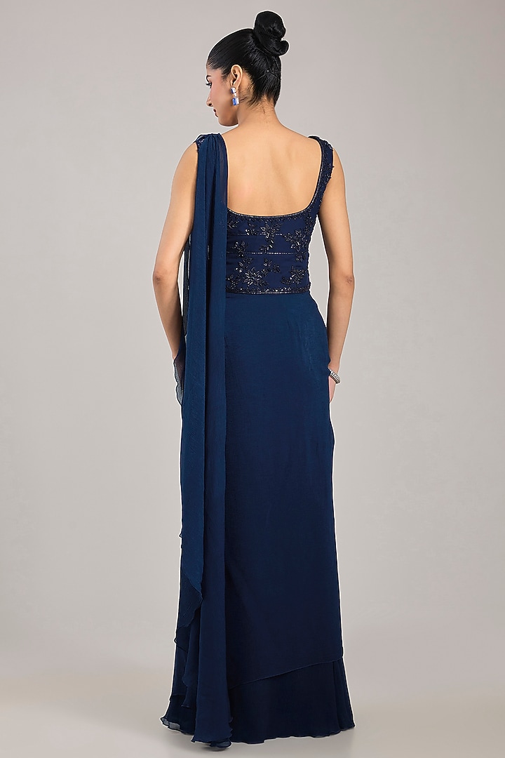 Navy Blue Georgette Draped Reception Saree Set by Ridhi Mehra at Pernia's Pop Up Shop