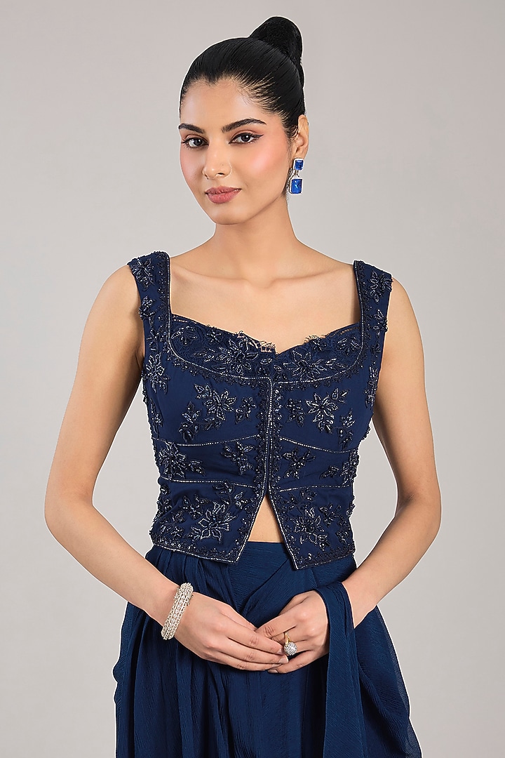 Navy Blue Georgette Draped Reception Saree Set by Ridhi Mehra at Pernia's Pop Up Shop