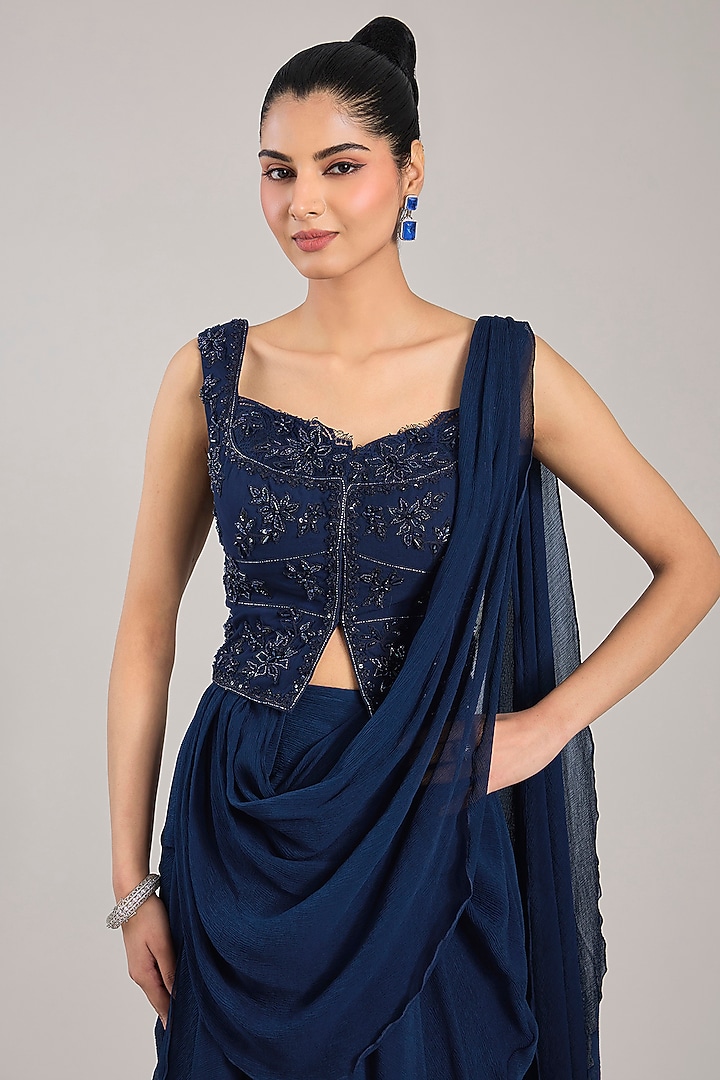 Navy Blue Georgette Draped Reception Saree Set by Ridhi Mehra at Pernia's Pop Up Shop