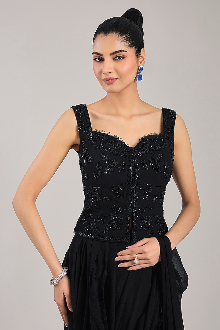 Black Georgette Draped Reception Saree Set by Ridhi Mehra at Pernia's Pop Up Shop