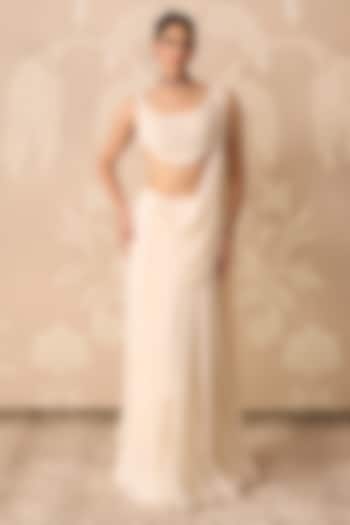 Ivory Chiffon Pre-Stitched Draped Reception Saree Set by Ridhi Mehra at Pernia's Pop Up Shop