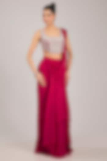 Red Chiffon Draped Reception Saree Set by Ridhi Mehra at Pernia's Pop Up Shop