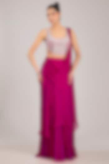 Fuchsia Chiffon Draped Reception Saree Set by Ridhi Mehra at Pernia's Pop Up Shop