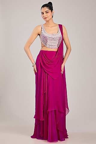 Fuchsia Chiffon Draped Saree Set by Ridhi Mehra